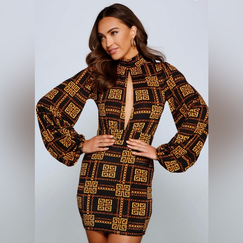 Windsor Black and Gold Geometric Long Sleeve Dress